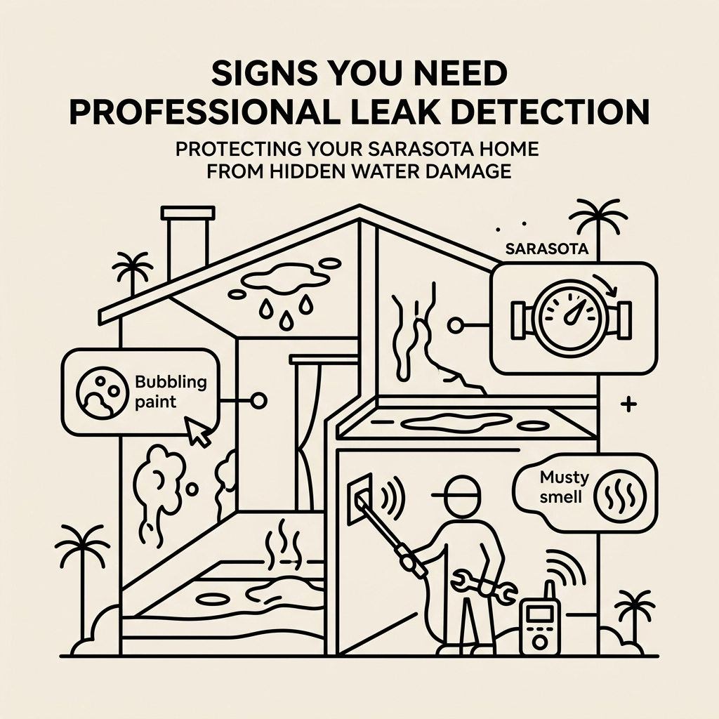 A professional plumber using electronic leak detection equipment to find a hidden water leak behind a residential wall in Sarasota, Florida.